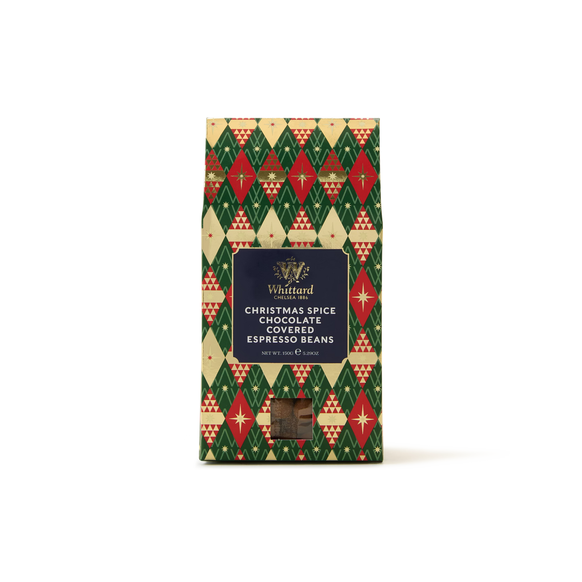 A festive bag with a red, green, and gold diamond pattern, labeled Whittard Christmas Spice Chocolate Covered Espresso Beans, with a small clear window showing the beans.