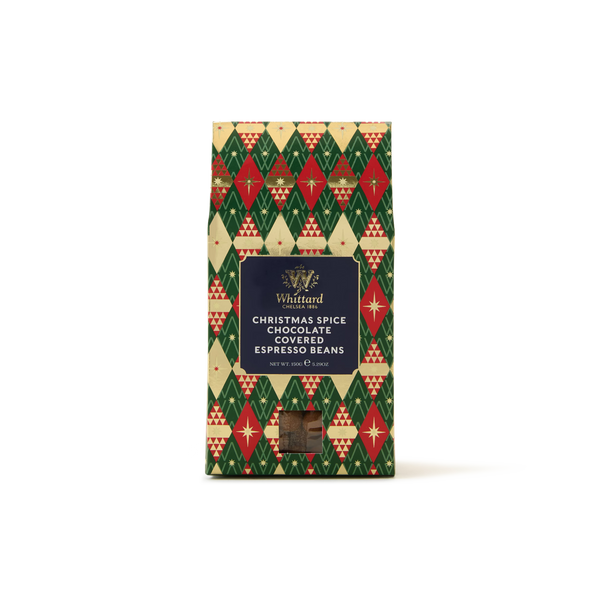 A festive bag labeled “Christmas Spice Chocolate Covered Espresso Beans” showcases red, green, and gold diamond patterns and features a small window displaying the milk chocolate espresso beans inside—making it an ideal chocolate gift for the holiday season.