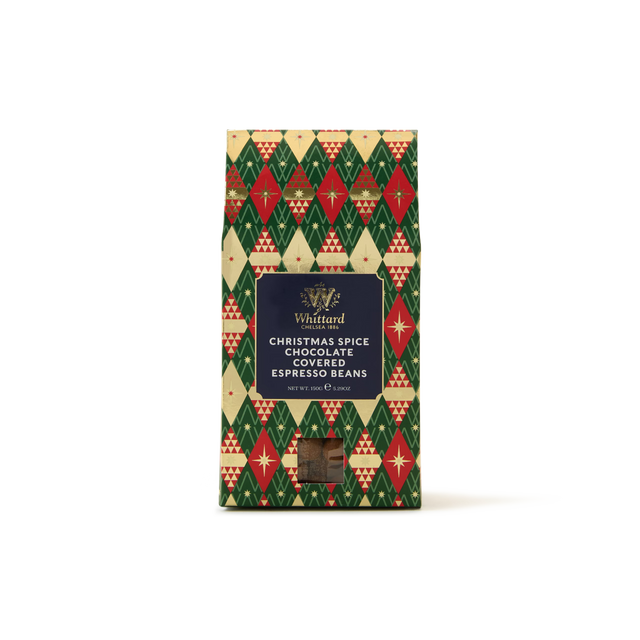 A festive bag labeled “Christmas Spice Chocolate Covered Espresso Beans” showcases red, green, and gold diamond patterns and features a small window displaying the milk chocolate espresso beans inside—making it an ideal chocolate gift for the holiday season.
