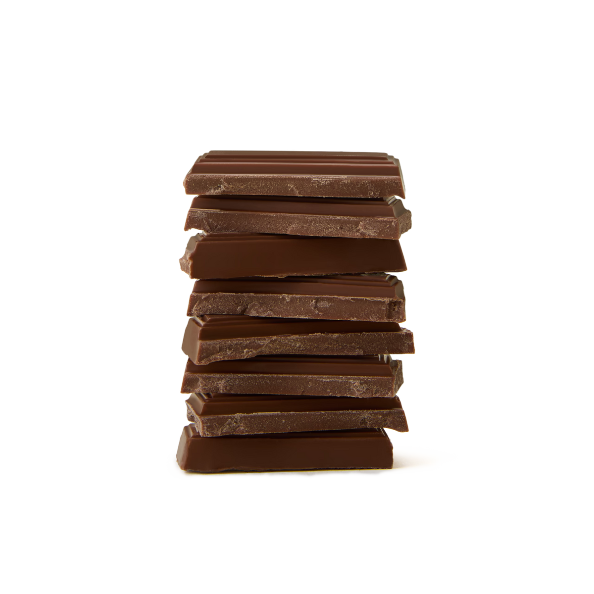 A stack of eight unevenly broken pieces of the Salted Caramel Milk Chocolate Bar, crafted from single-origin Colombian cocoa, is arranged vertically against a plain white background.