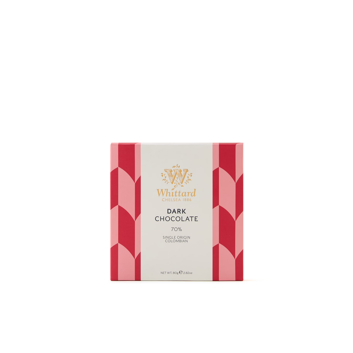 A Whittard Chelsea 1886 Dark Chocolate Bar, made from high cocoa, single-origin Colombian chocolate and presented in packaging with pink and red chevron sides, is shown against a plain white background.