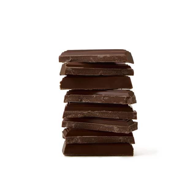A stack of unevenly broken Dark Chocolate Bar pieces is arranged on a white background.