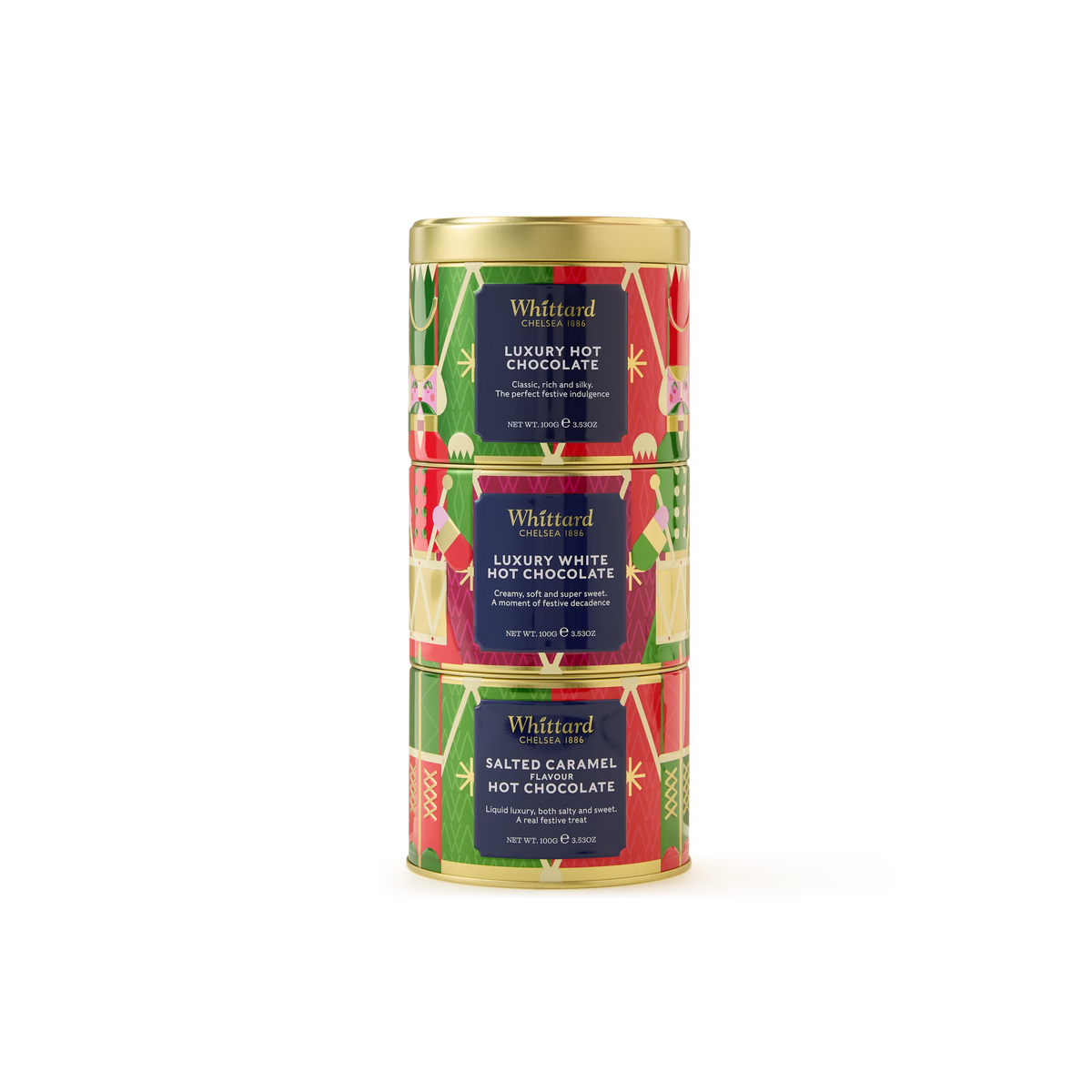 Discover the Whittard Hot Chocolate Stacking Tin: a festive trio featuring Luxury Hot Chocolate, Luxury White Hot Chocolate, and Salted Caramel Hot Chocolate. Each colorful holiday tin is topped with a gleaming gold lid and adorned with vibrant seasonal labels. This indulgent gift set is perfect for cozy winter nights or as a thoughtful present for someone special.
