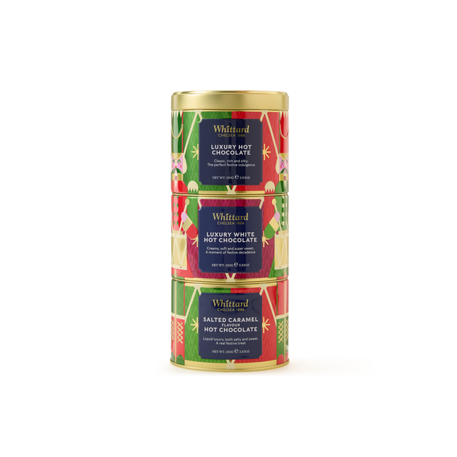 Discover the Whittard Hot Chocolate Stacking Tin: a festive trio featuring Luxury Hot Chocolate, Luxury White Hot Chocolate, and Salted Caramel Hot Chocolate. Each colorful holiday tin is topped with a gleaming gold lid and adorned with vibrant seasonal labels. This indulgent gift set is perfect for cozy winter nights or as a thoughtful present for someone special.