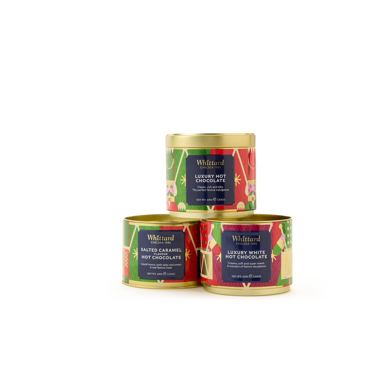 Three colorful tins of Whittard hot chocolate, including Luxury Hot Chocolate, Salted Caramel, and Luxury White Hot Chocolate, are stacked on a white background.
