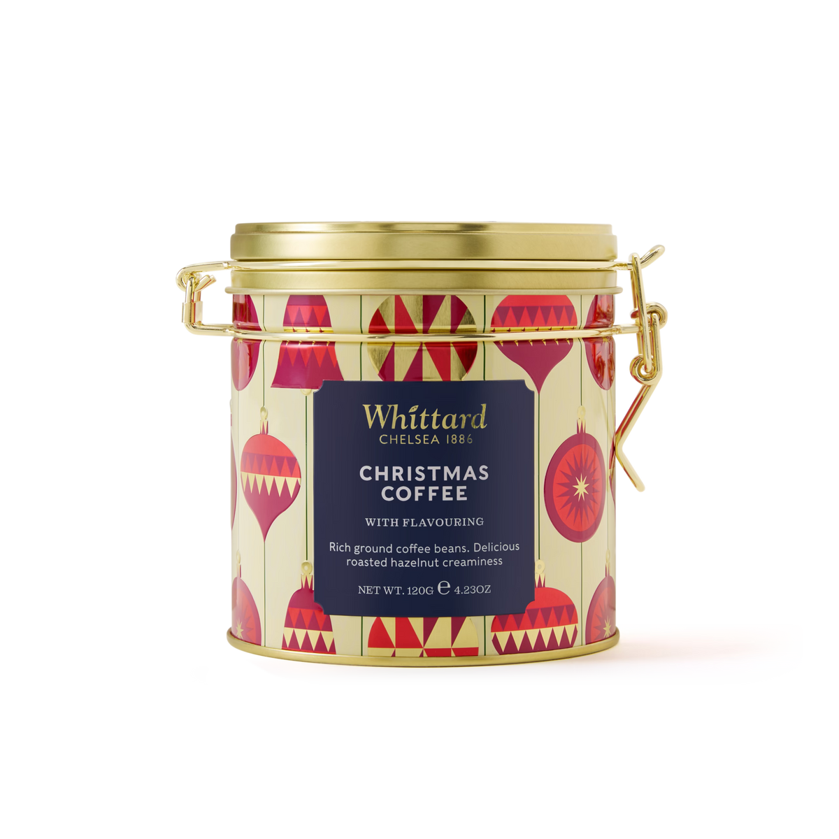 A gold Christmas Coffee Clip Top Tin by Whittard, adorned with red ornament designs and a secure clamp lid. The label highlights rich ground coffee infused with roasted hazelnut creaminess—an ideal festive blend and the perfect coffee gift for the holiday season.