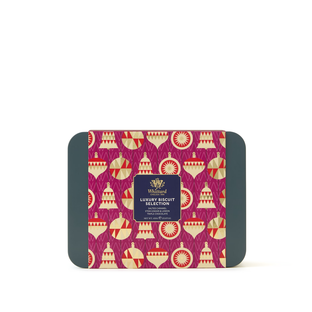 A rectangular Biscuit Selection Tin featuring a festive red, gold, and cream geometric pattern on the lid and sides, finished with a navy label in the center—an irresistible Christmas gift tin that makes the perfect festive biscuit collection for sharing or gifting.