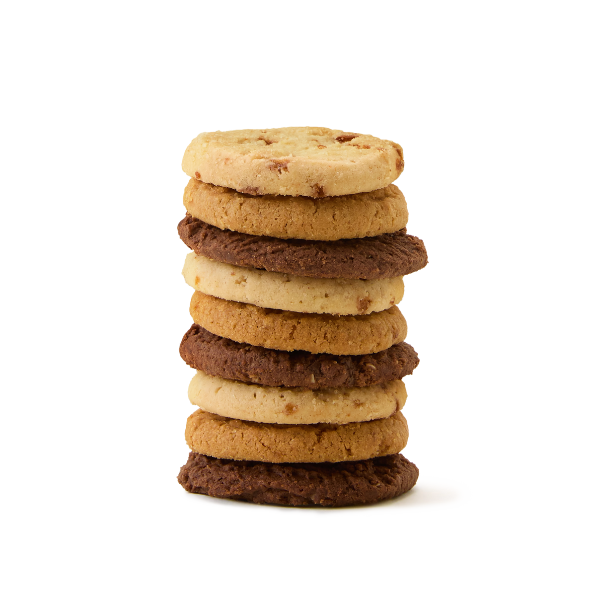 A stack of eight assorted cookies, alternating between light and dark varieties, arranged neatly against a plain white background.