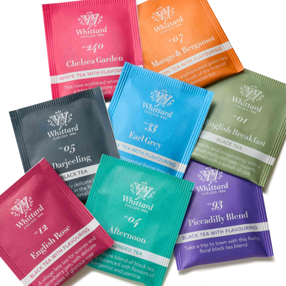 Eight colorful sachets from the Tea Discoveries A Taste of Tea collection are artfully arranged in a fan shape, offering the perfect assortment for tea lovers. This delightful gift set features flavors such as Chelsea Garden, Mango & Bergamot, Darjeeling, Earl Grey, English Breakfast, English Rose, Afternoon, and Piccadilly Blend.
