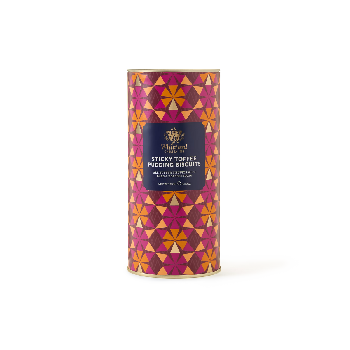 A cylindrical tin of Whittard Sticky Toffee Pudding Biscuits with a purple label, decorated in a colorful geometric pattern of red, pink, and yellow triangles.