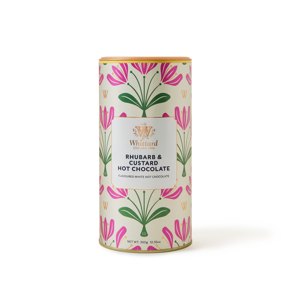 A cylindrical tin of Whittard Rhubarb & Custard Hot Chocolate with a floral pink and green design on a cream background. The label is centered with product and brand name.