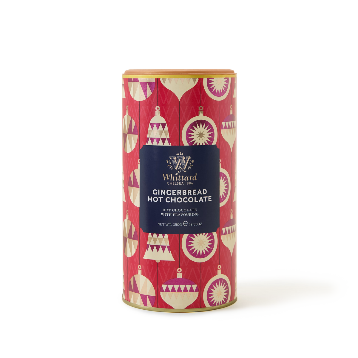A festive cylindrical tin of Whittard Gingerbread Hot Chocolate featuring red packaging adorned with white and pink ornament designs.