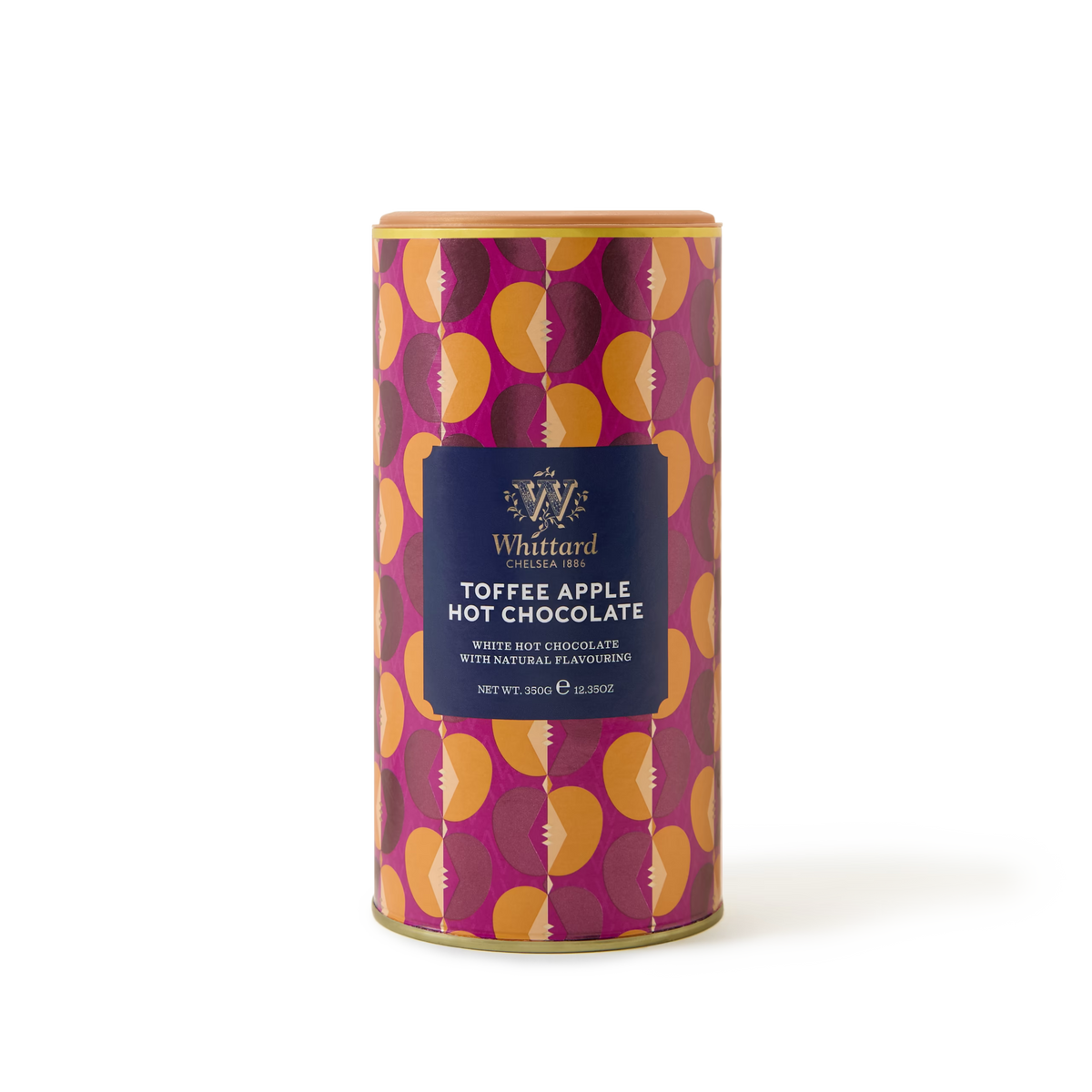 A limited edition cylindrical container of Whittard Toffee Apple White Hot Chocolate features a vibrant design with orange and pink apples and a dark blue front label, offering a unique twist on the classic hot chocolate flavor.