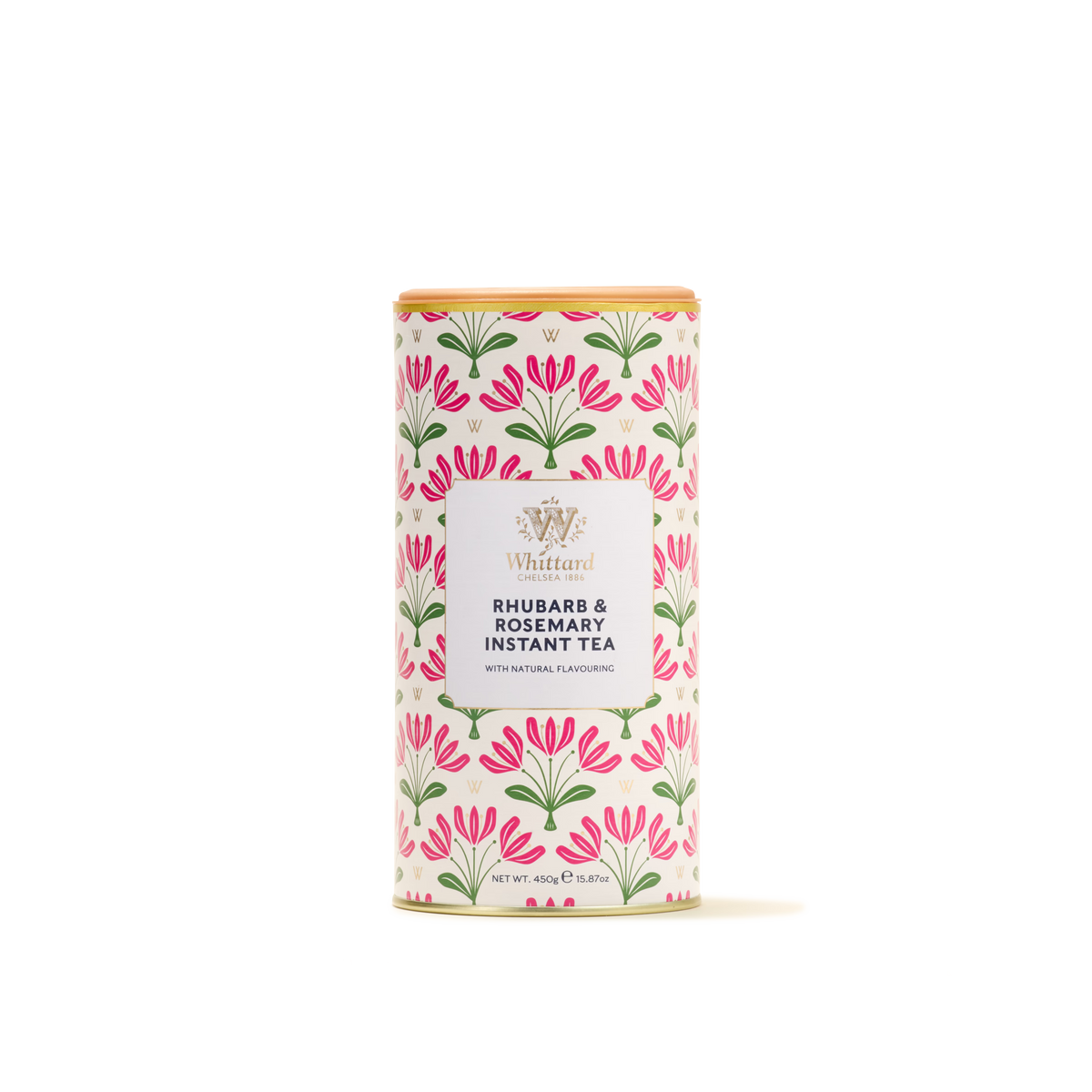 A cylindrical tin of Rhubarb & Rosemary Instant Tea, ideal for a refreshing summer beverage, adorned with a floral pink and green design on a white background.