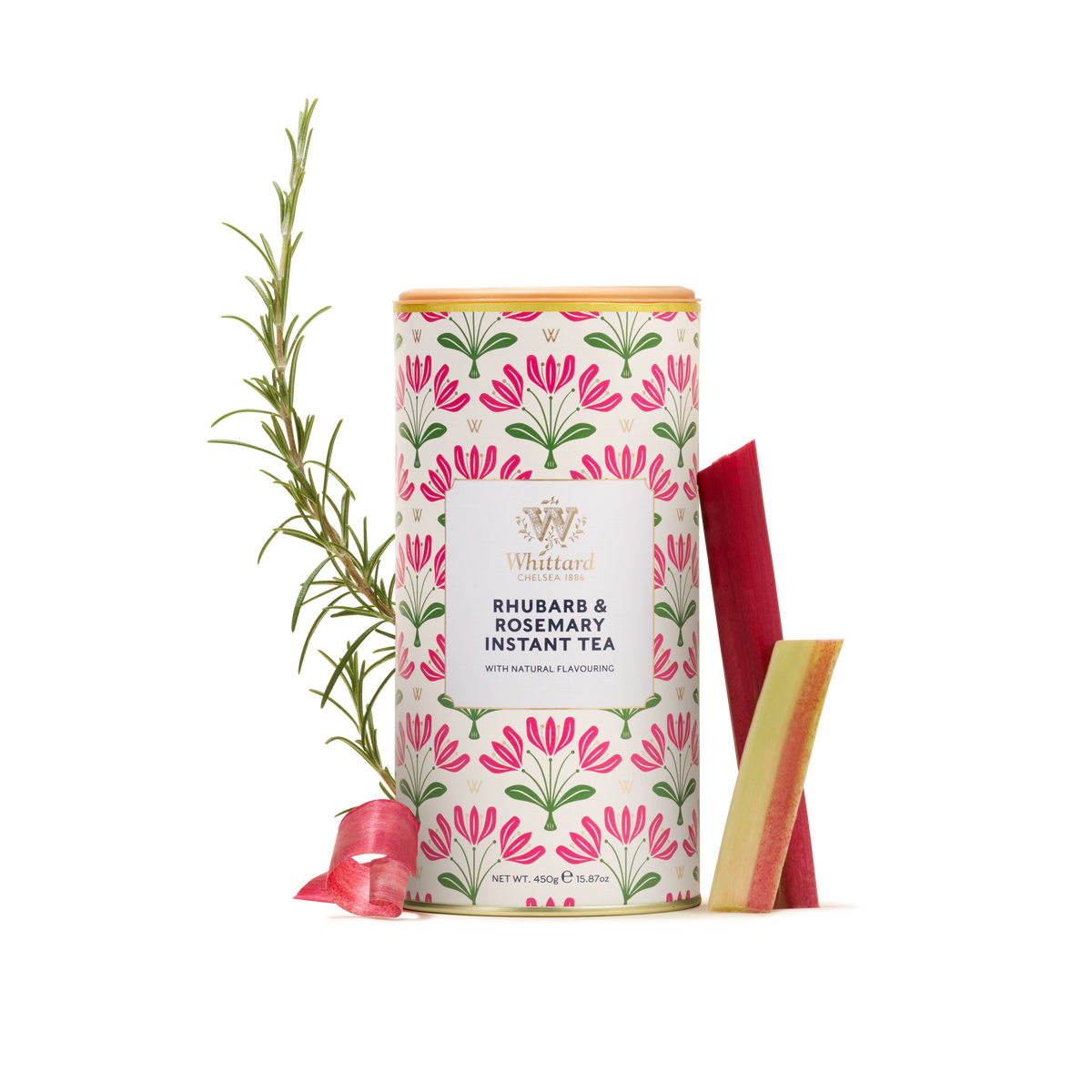 A tin of Rhubarb & Rosemary Instant Tea is displayed alongside sprigs of rosemary and slices of fresh rhubarb on a white background, evoking the spirit of a revitalizing summer beverage.