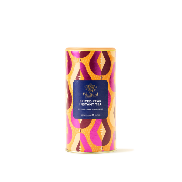 A limited edition cylindrical canister of Spiced Pear Flavour Instant Tea, infused with a delightful autumn essence. The container features a decorative yellow, pink, and orange pattern with a blue label on the front, beautifully capturing the seasonal spirit in every sip.