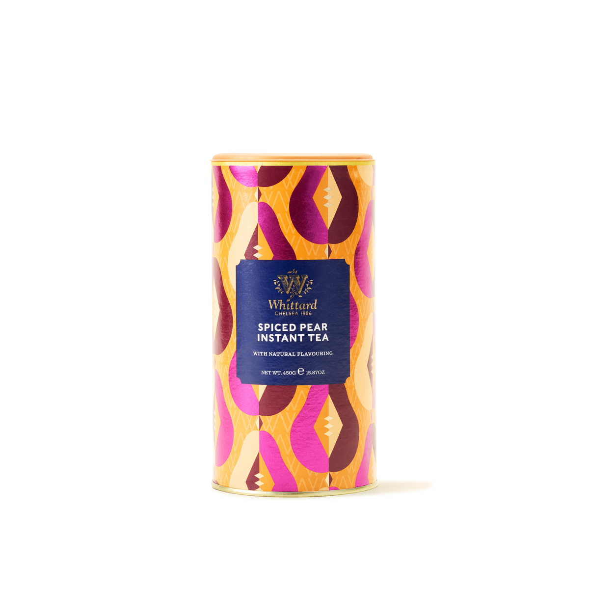 A limited edition cylindrical canister of Spiced Pear Flavour Instant Tea, infused with a delightful autumn essence. The container features a decorative yellow, pink, and orange pattern with a blue label on the front, beautifully capturing the seasonal spirit in every sip.