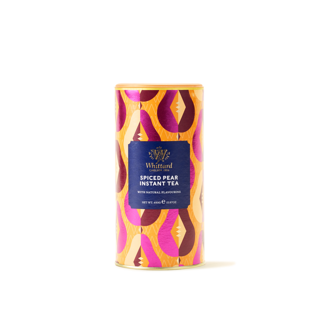 A limited edition cylindrical canister of Spiced Pear Flavour Instant Tea, infused with a delightful autumn essence. The container features a decorative yellow, pink, and orange pattern with a blue label on the front, beautifully capturing the seasonal spirit in every sip.