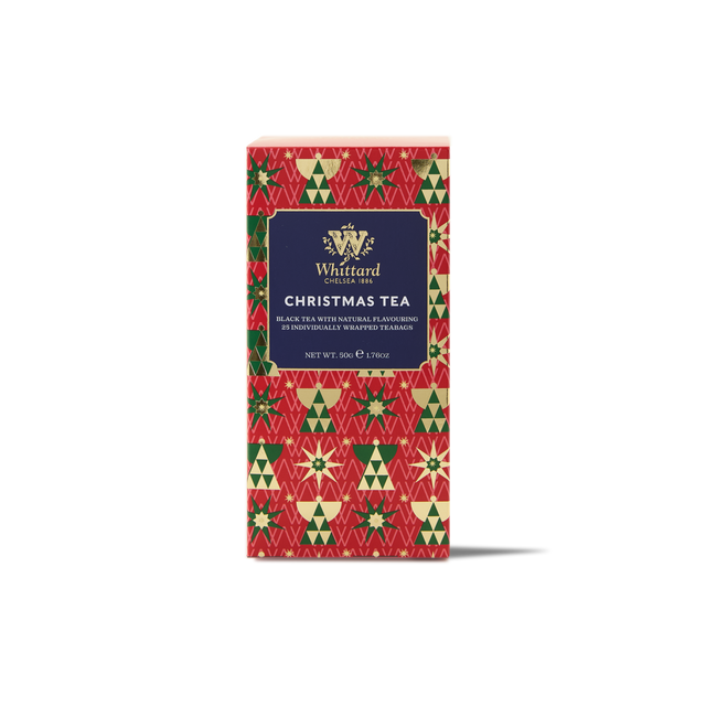 A red box of Whittard Christmas Tea 25 Individually Wrapped Teabags, decorated with green and gold festive patterns and a navy label. The label describes it as black tea with spices, orange, and flavoring, weighing 50g.