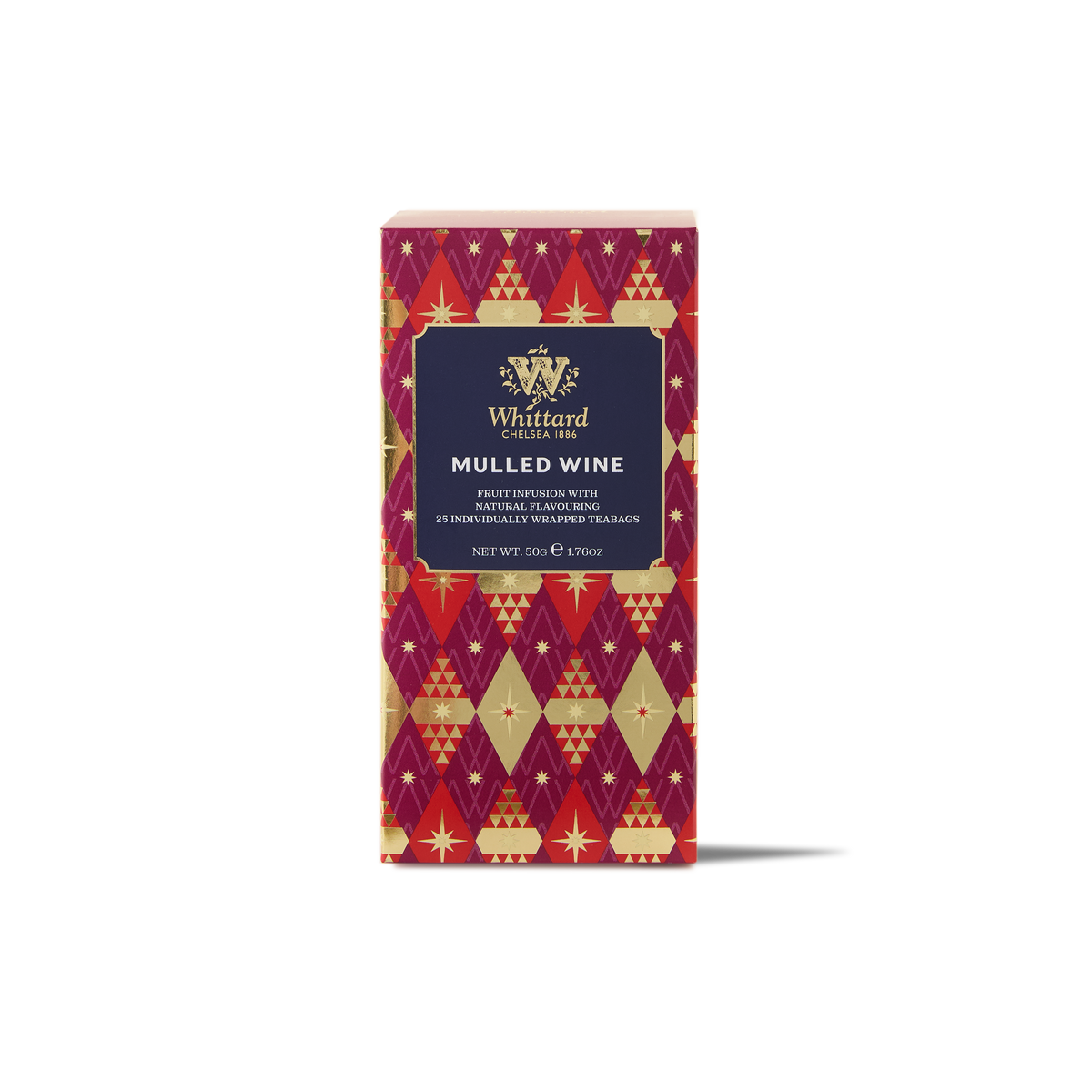 A box of MULLED WINE T&E 2026 fruit infusion tea, adorned with a red and gold festive geometric pattern and containing 25 individually wrapped teabags—ideal for bringing a touch of T&E 2026 charm to your holiday events.