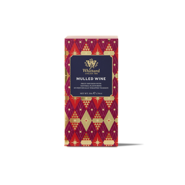 A box of MULLED WINE T&E 2026 fruit infusion tea, adorned with a red and gold festive geometric pattern and containing 25 individually wrapped teabags—ideal for bringing a touch of T&E 2026 charm to your holiday events.