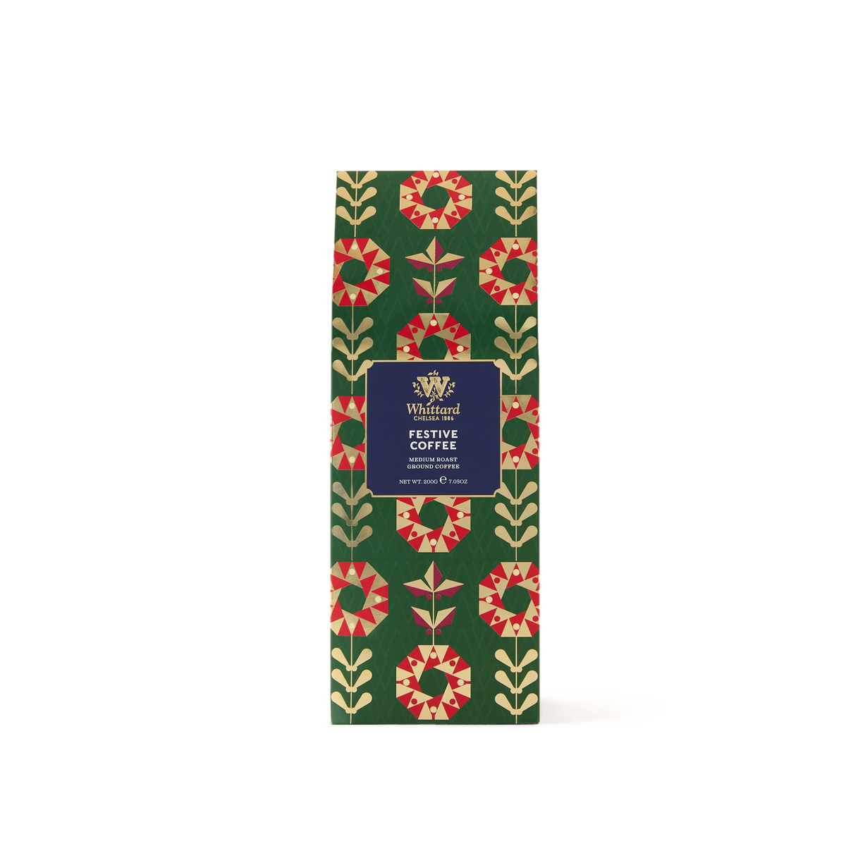 A green bag of Whittard Limited Edition Festive Coffee, adorned with red, gold, and cream holiday floral patterns. The label in the center reads “Limited Edition Festive Coffee” with the Whittard logo above.