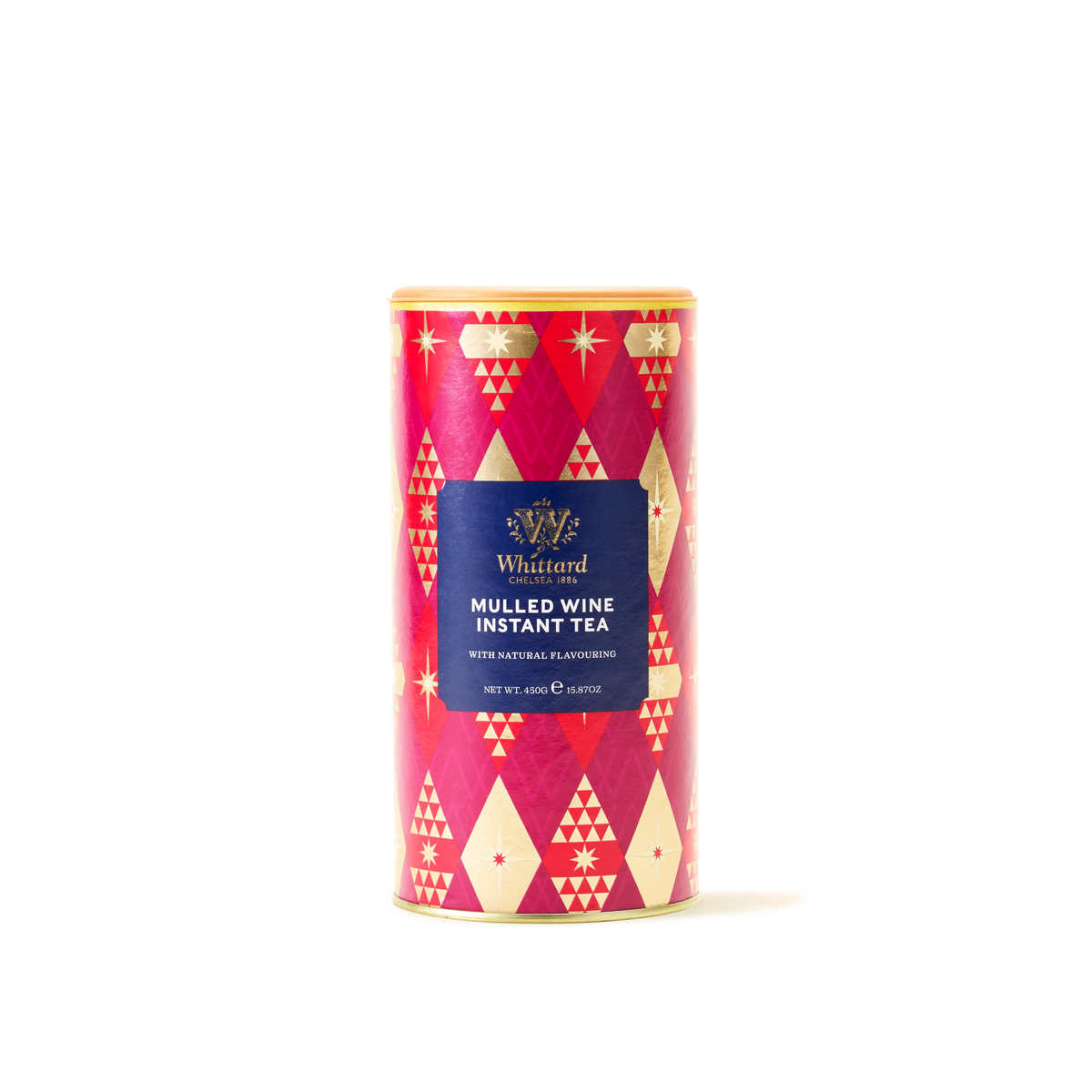 A cylindrical tin labeled Mulled Wine Instant Tea, featuring a red and gold geometric design, stands upright against a plain white background, offering a festive beverage that serves as an ideal non-alcoholic alternative to mulled wine.