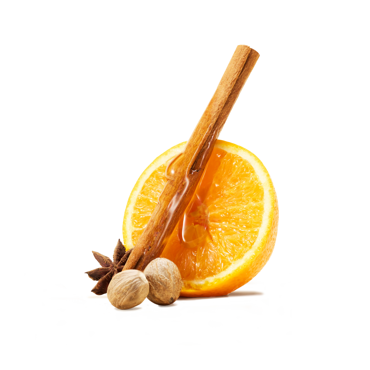 Half an orange with a cinnamon stick, two nutmeg seeds, and a star anise arranged on a white background—just what you need to pair perfectly with our Mulled Wine Instant Tea for crafting a warming festive drink or your own non-alcoholic mulled wine.