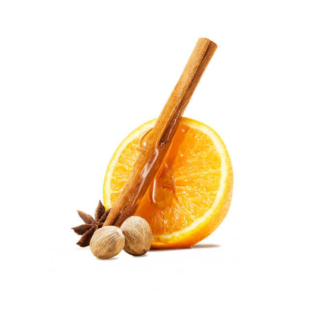 Half an orange with a cinnamon stick, two nutmeg seeds, and a star anise arranged on a white background—just what you need to pair perfectly with our Mulled Wine Instant Tea for crafting a warming festive drink or your own non-alcoholic mulled wine.