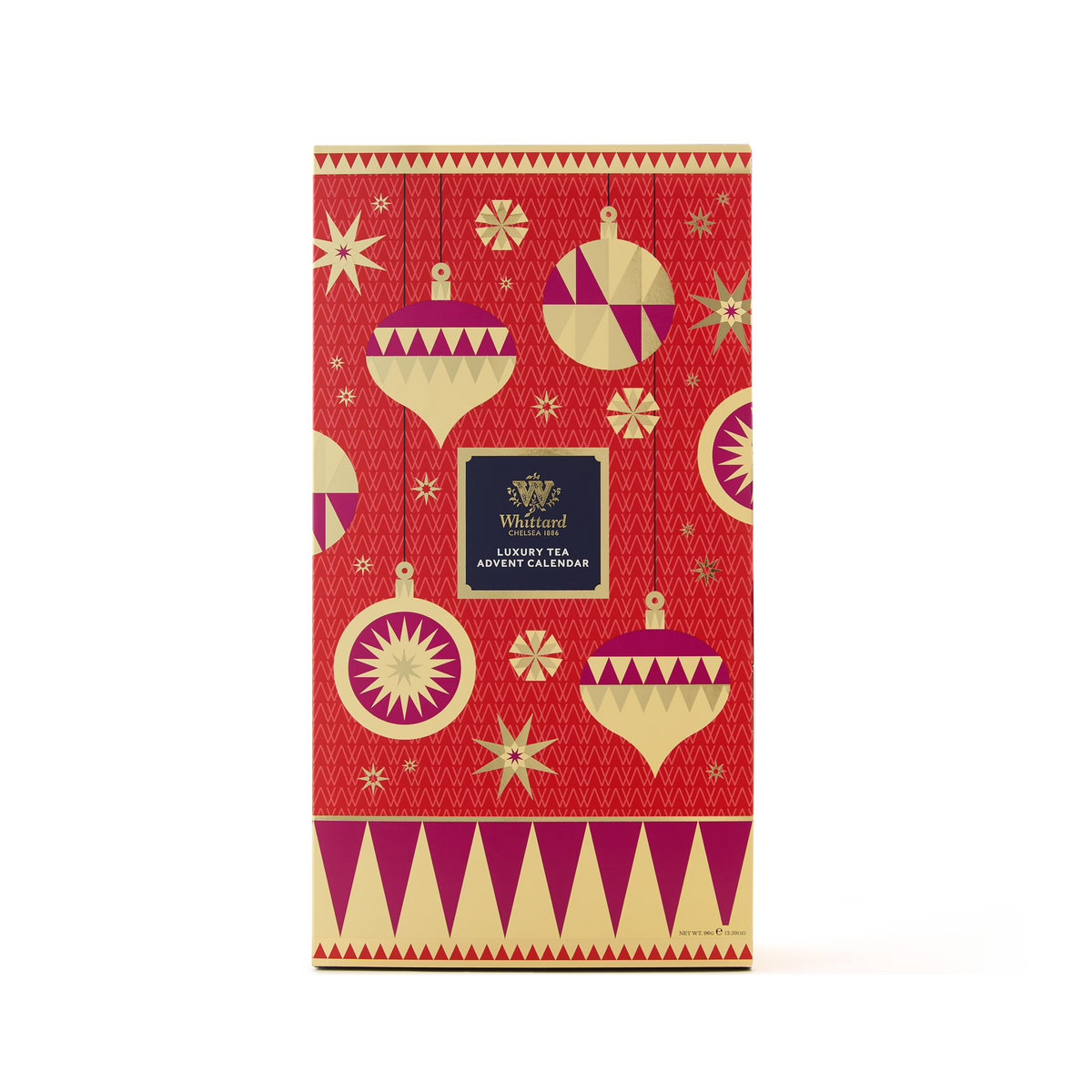 A festive red and gold box featuring ornament and star designs, labeled “Tea Advent Calendar” in the center. The background showcases geometric patterns and decorative details.