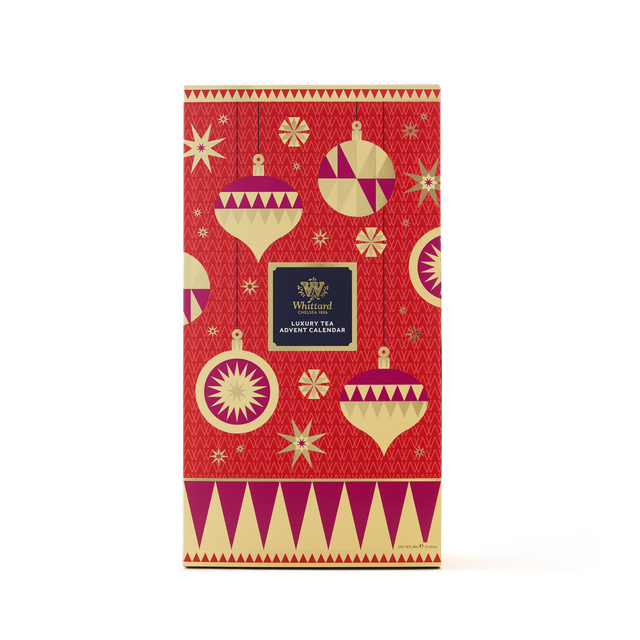 A festive red and gold box featuring ornament and star designs, labeled “Tea Advent Calendar” in the center. The background showcases geometric patterns and decorative details.