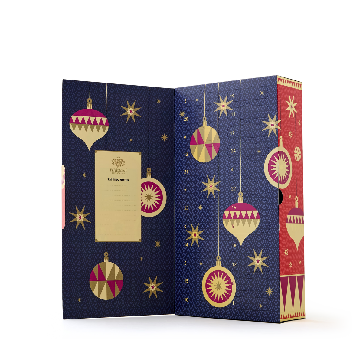 The Tea Advent Calendar features numbered doors and a festive design with hanging ornaments, gold stars, and a tasting notes card set against a navy and red background.