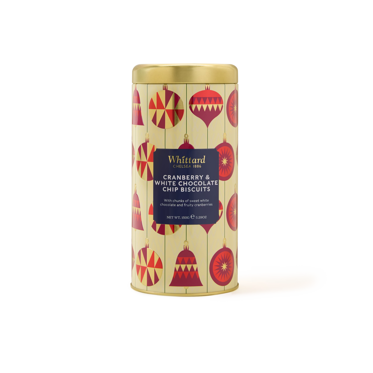 A cylindrical gift tin with a gold lid, decorated with red holiday ornaments. The label reads Cranberry & White Chocolate Biscuits—perfect festive biscuits for gifting. Net weight 150g.