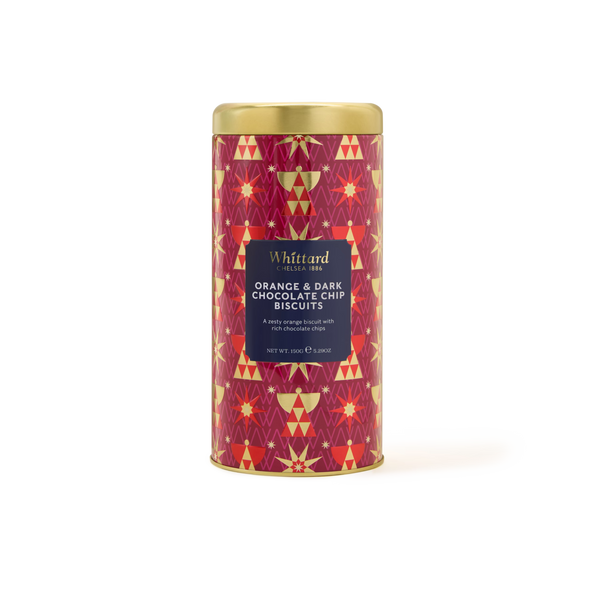 A cylindrical tin of Whittard Chocolate Orange Biscuits, made in the UK, featuring a striking red and gold geometric pattern and a gold lid, displayed on a white background.