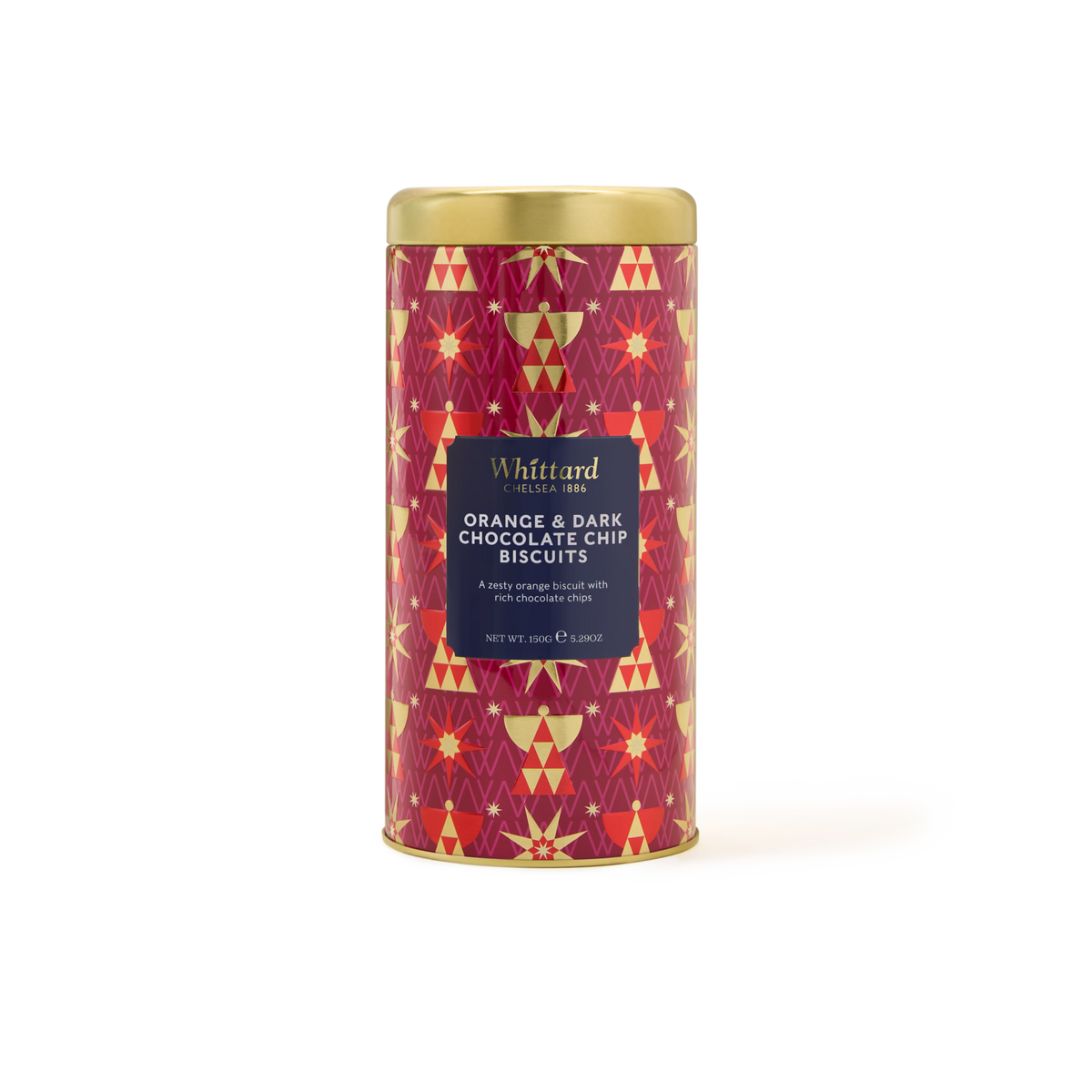 A cylindrical tin of Whittard Chocolate Orange Biscuits, made in the UK, featuring a striking red and gold geometric pattern and a gold lid, displayed on a white background.