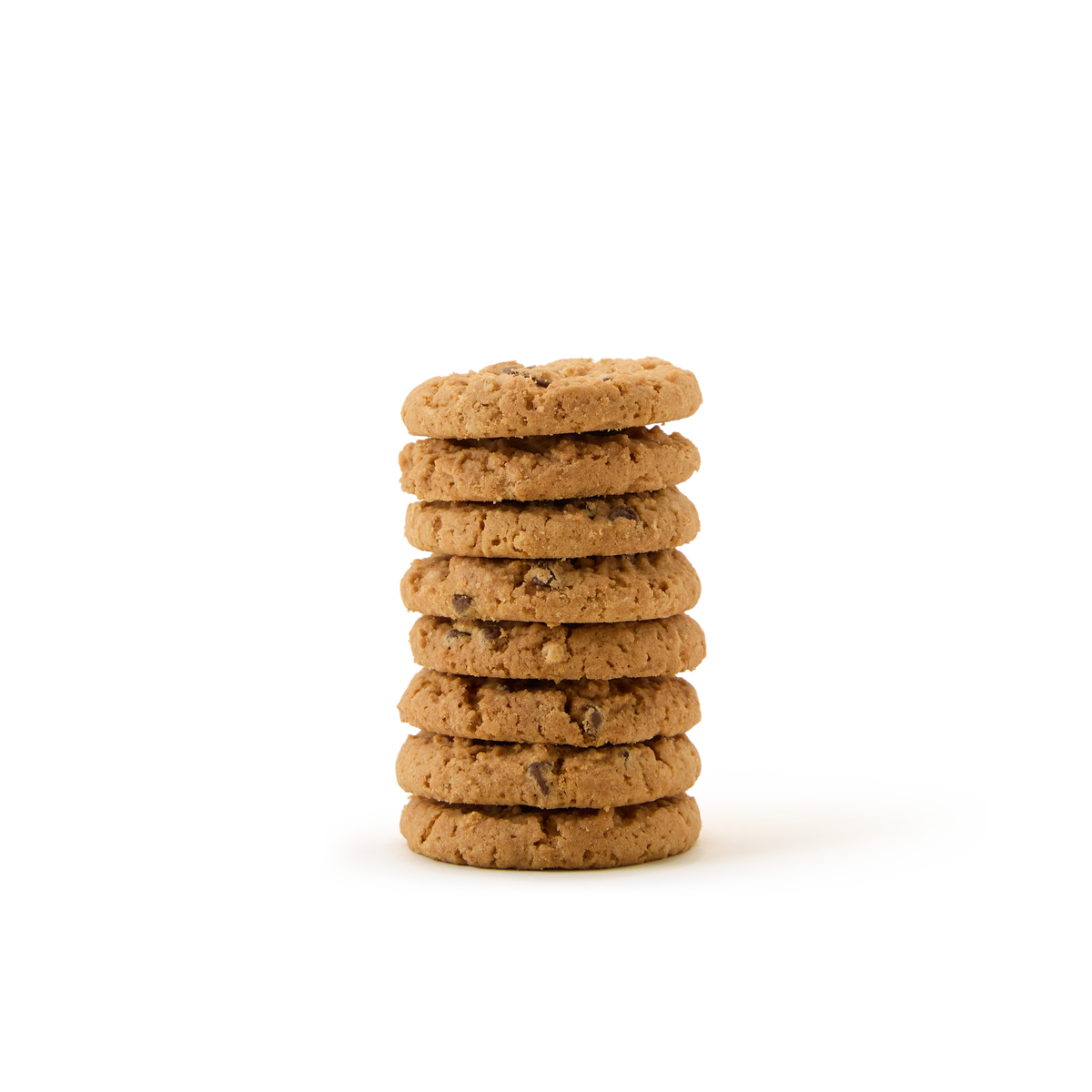 A stack of eight Chocolate Orange Biscuits, reminiscent of classic favorites often found in a biscuit tin, is arranged neatly on a plain white background.