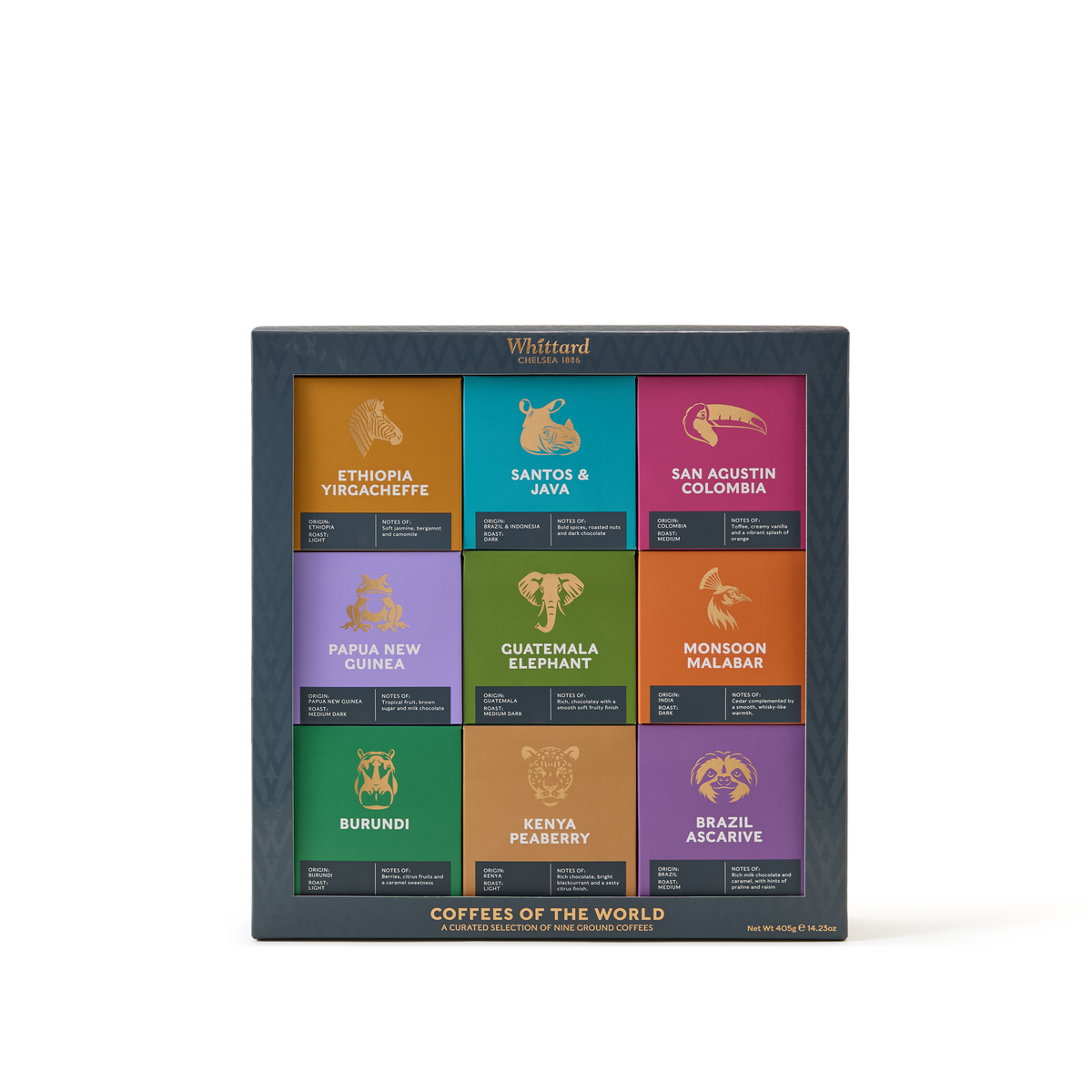 The Coffees of the World Gift Set features nine vibrant compartments, each highlighting a unique coffee origin and presenting exceptional coffees from countries such as Ethiopia, Brazil, Colombia, Kenya, and more.