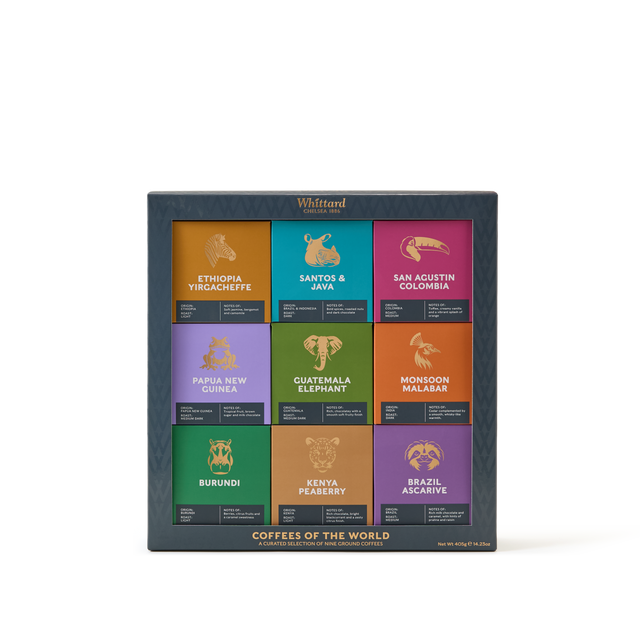 The Coffees of the World Gift Set features nine vibrant compartments, each highlighting a unique coffee origin and presenting exceptional coffees from countries such as Ethiopia, Brazil, Colombia, Kenya, and more.