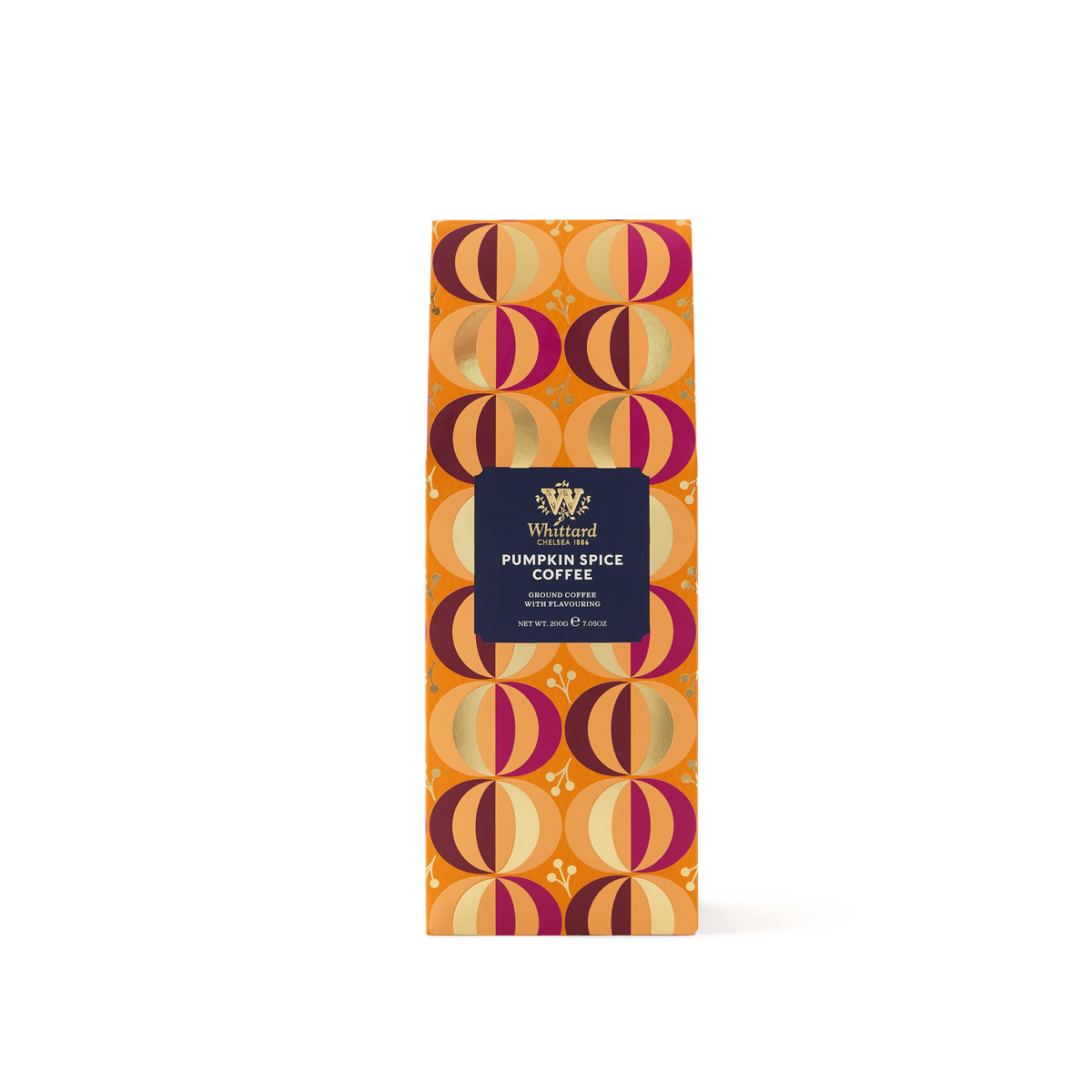 A bag of Limited Edition Pumpkin Spice Flavour Ground Coffee with an orange, brown, and pink geometric pattern, featuring the Whitford Reserve label in the center.