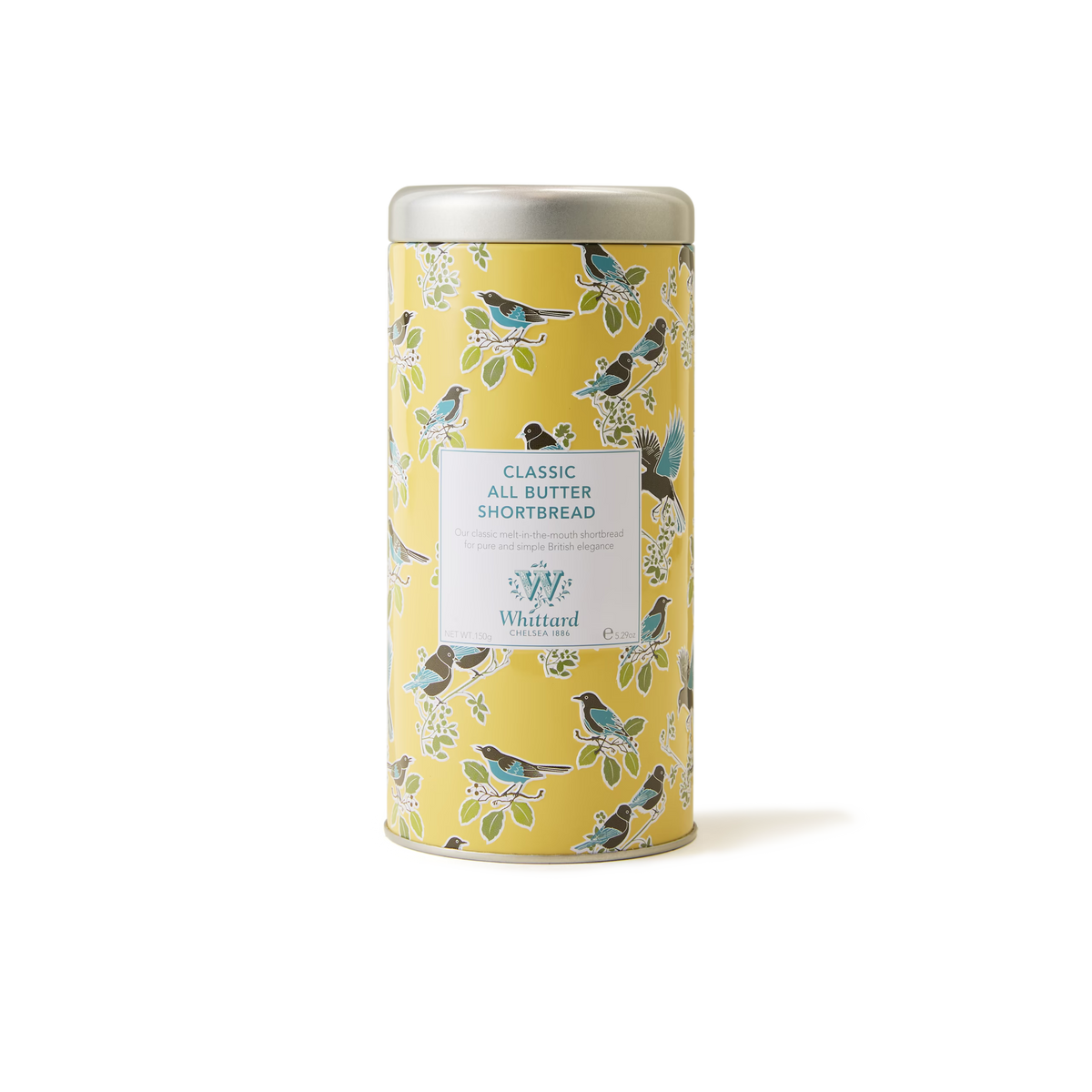 A yellow tin featuring bird and leaf illustrations, labeled Tea Discoveries Classic All Butter Shortbread Biscuit Tin by Whittard, sits against a plain white background—an inviting treat for any teatime biscuit lover in search of traditional British shortbread.