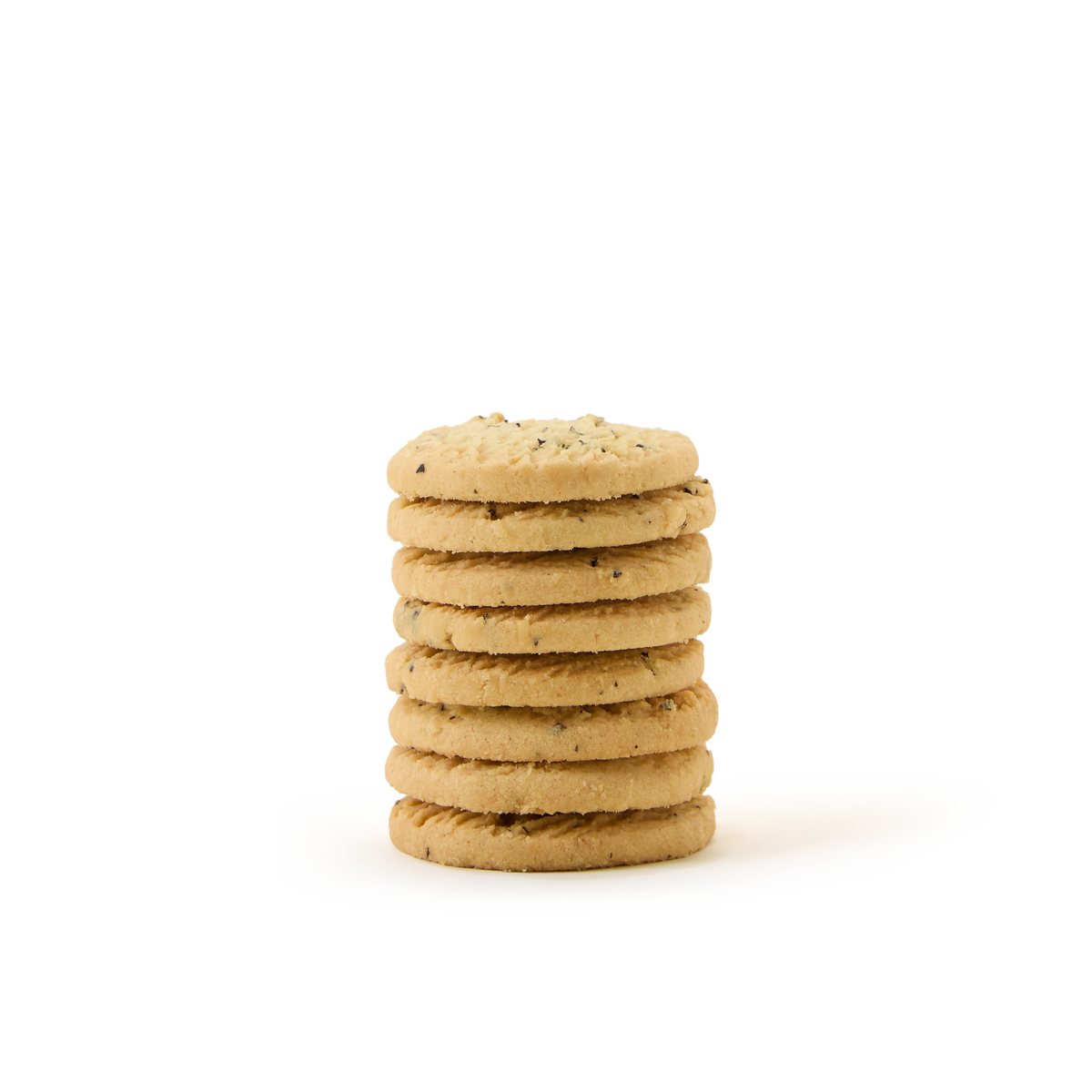 A stack of eight round, golden-brown cookies with small chocolate chips, placed on a white background.