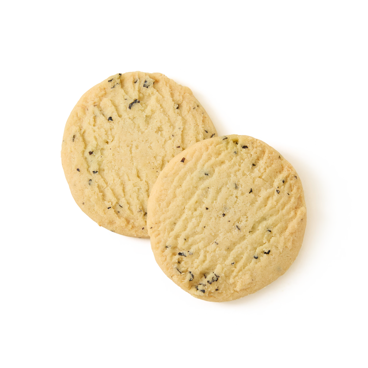 Two round, golden-brown cookies with a slightly crumbly texture and small dark specks, stacked with one slightly overlapping the other, on a plain white background.