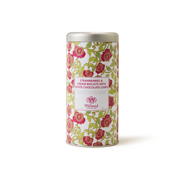 A floral tin of Tea Discoveries Strawberries & Cream All Butter Biscuits, adorned with pink and green rose designs on a white background—these classic British biscuits offer a delightful blend of sweet strawberries and creamy white chocolate in every bite.
