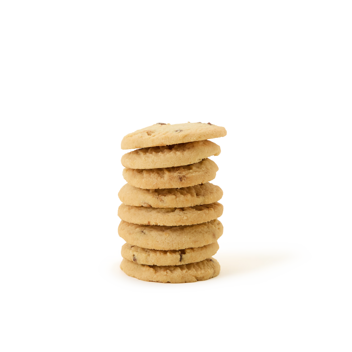 A stack of Tea Discoveries Strawberries & Cream All Butter Biscuits is arranged on a plain white background, reminiscent of classic British biscuits enjoyed with afternoon tea.