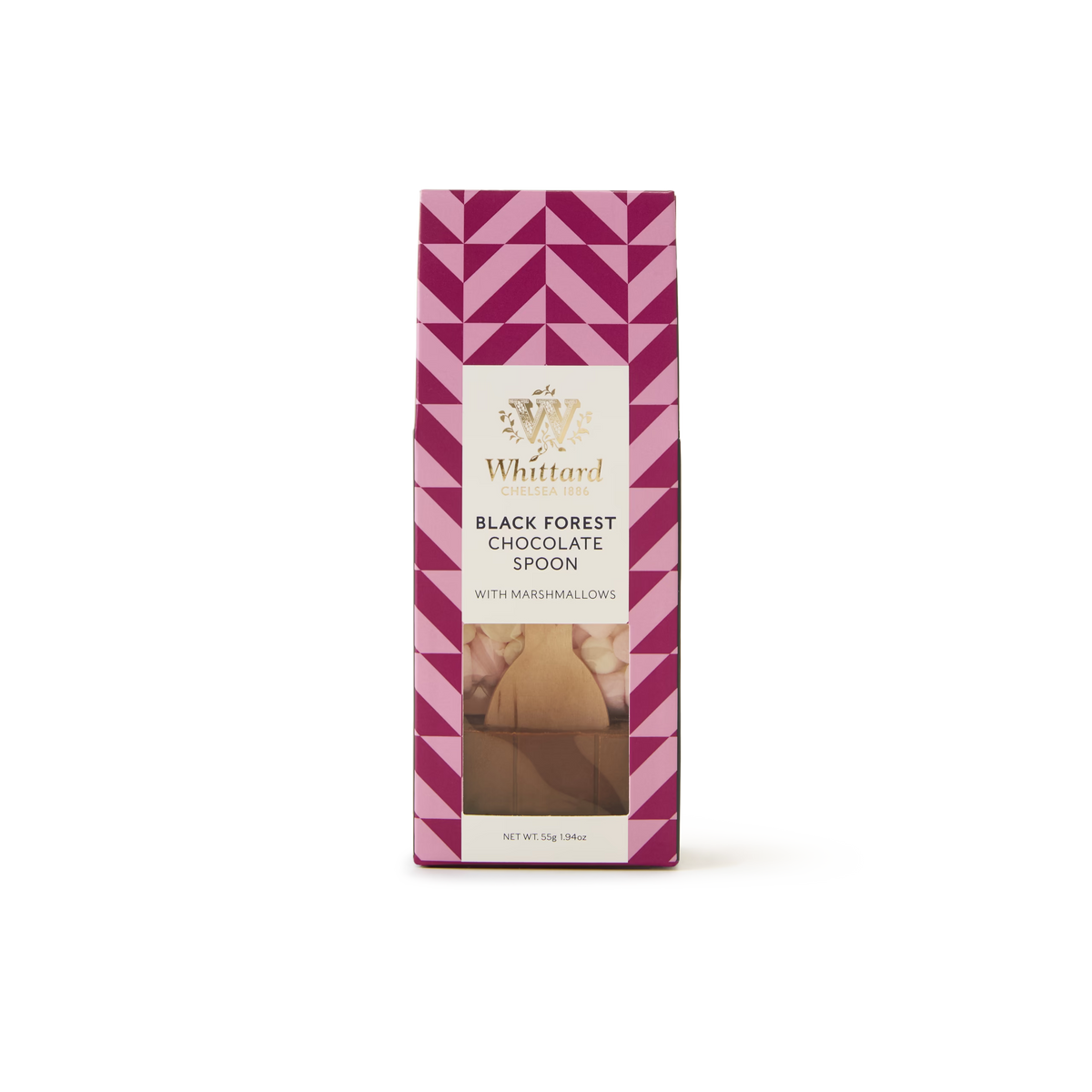 A pink geometric box of Black Forest Flavour Chocolate Spoon with Marshmallows is displayed. The packaging highlights a hot chocolate spoon and mini marshmallows visible through a clear window, ideal for stirring into hot milk to create a rich Black Forest hot chocolate.