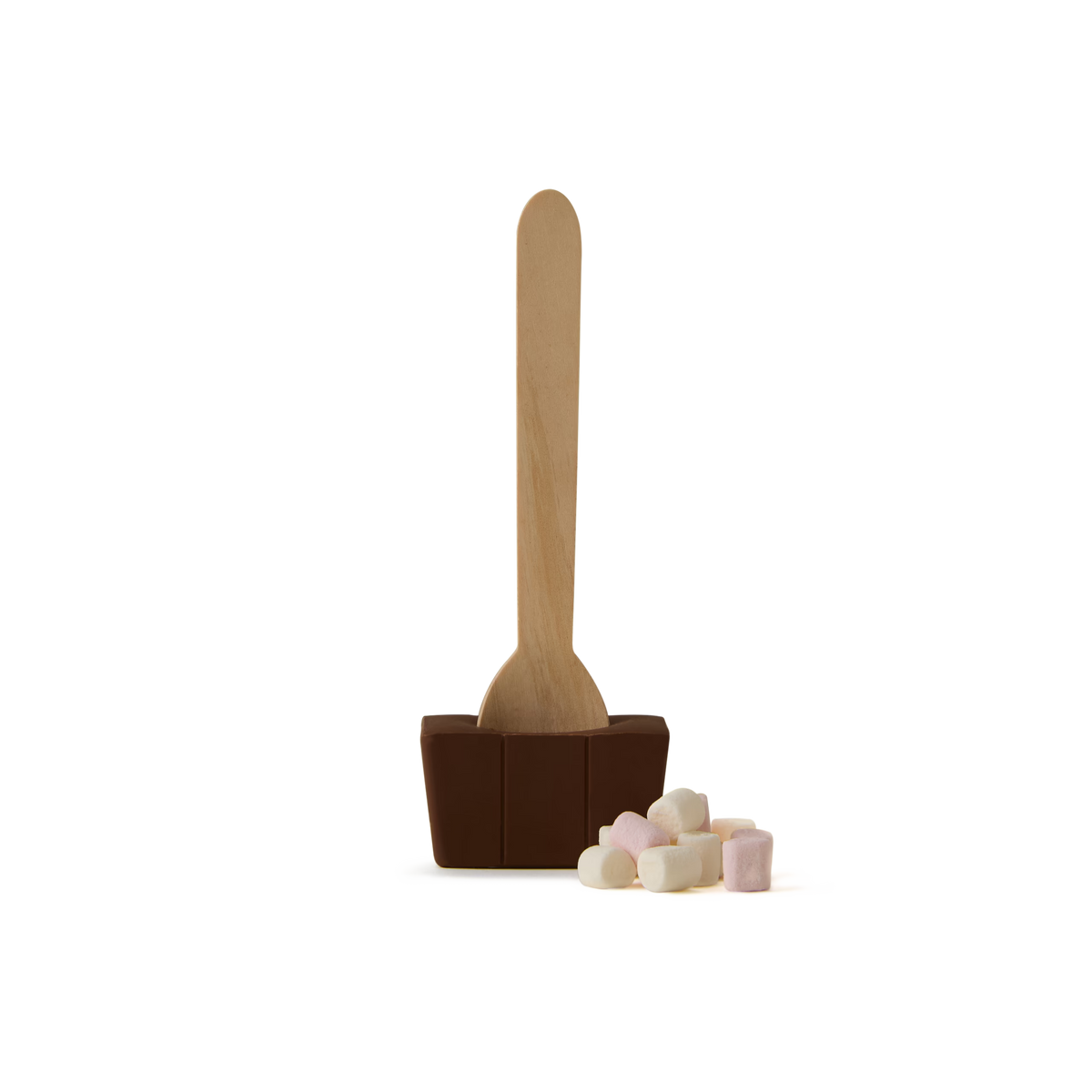 A Milk Chocolate Spoon with Marshmallows stands upright, featuring a wooden stick embedded in a block of artisan milk chocolate, accompanied by a small pile of pastel mini marshmallows, all presented on a plain white background.