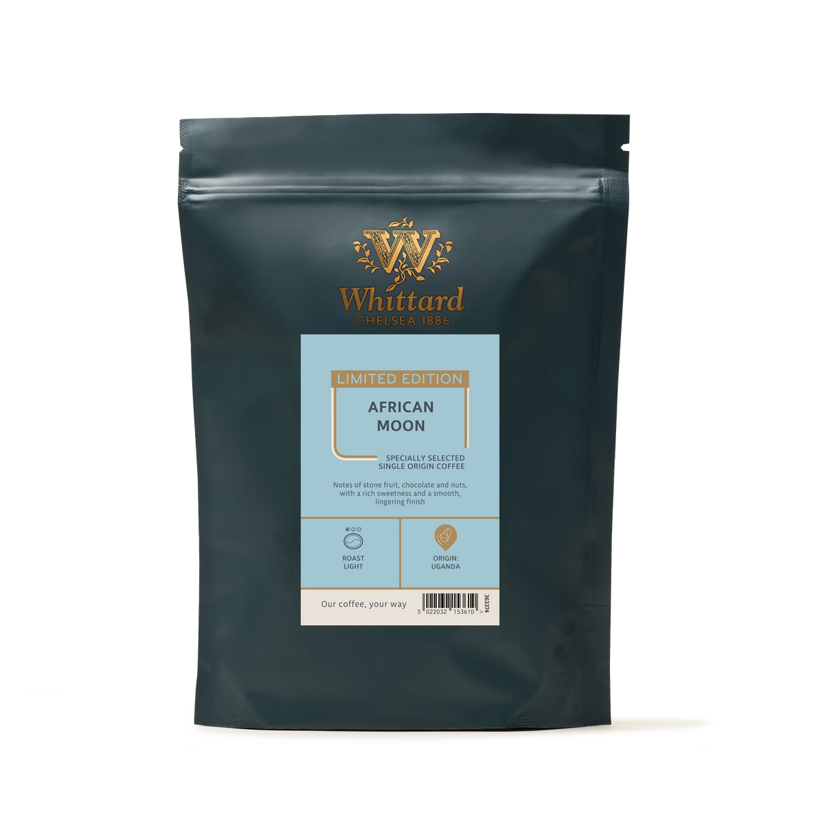 A dark teal pouch of Limited Edition African Moon Coffee with a light blue label featuring the product name, tasting notes, roast level, and origin information.