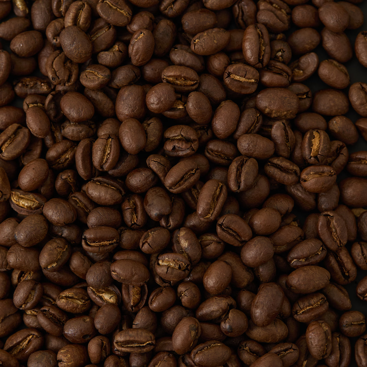 A close-up, top-down view of roasted washed Ugandan Arabica coffee beans used for Limited Edition Midnight Flyer Coffee.