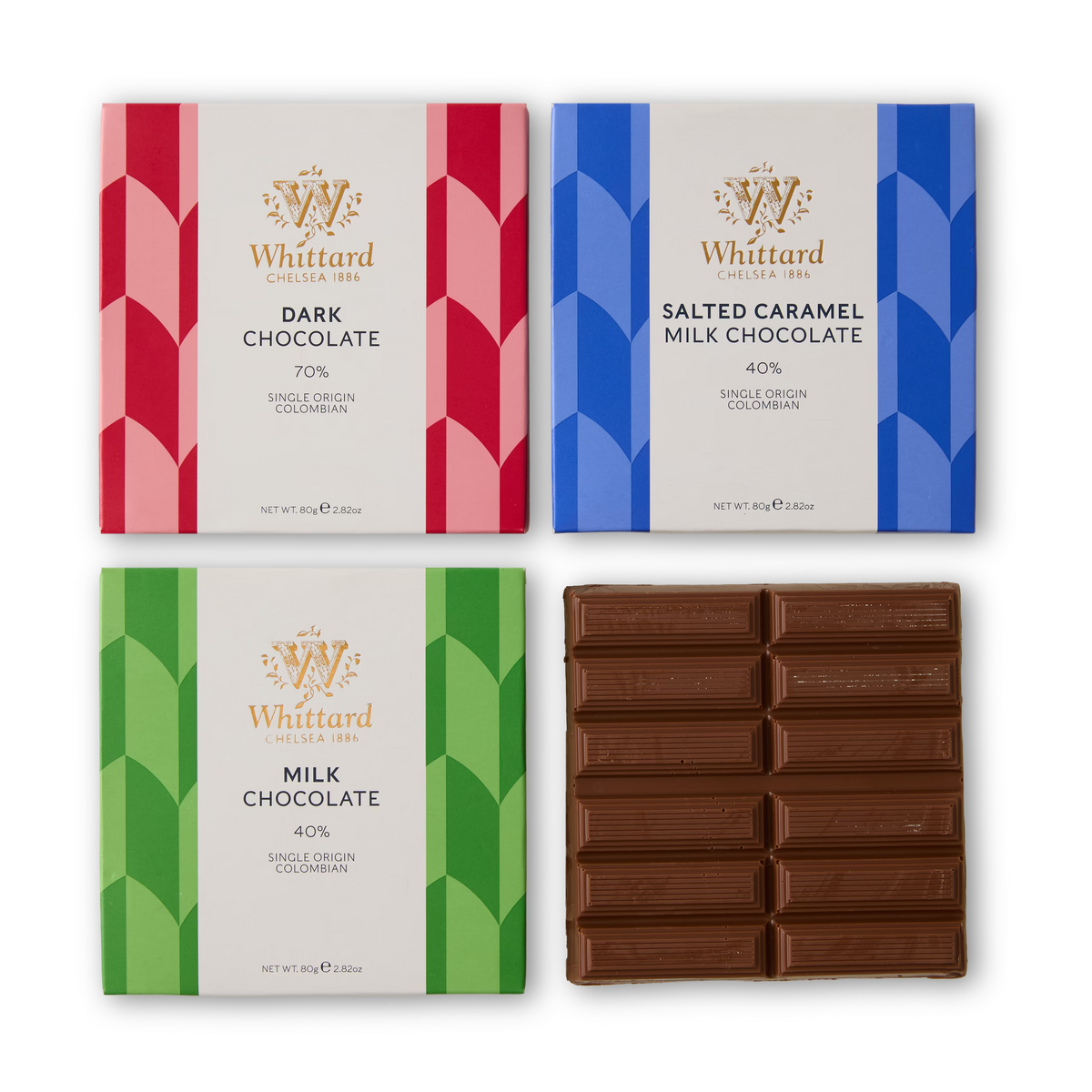 Three vibrant packages from The Chocolate Bar Trio—featuring dark chocolate, milk chocolate, and salted caramel milk varieties—are displayed alongside one unwrapped bar crafted with single origin Colombian cocoa, revealing twelve neatly arranged rectangular pieces.
