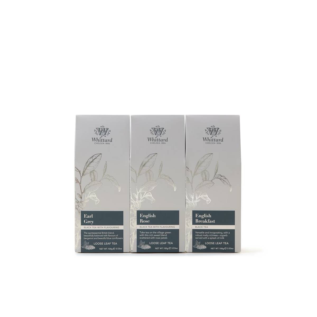 Three silver-grey boxes from the Best Selling Loose Leaf Tea Selection—featuring Earl Grey, English Rose, and English Breakfast—are arranged side by side against a plain white background.